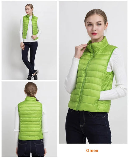 0-10 ℃   Frauen Westen Herbst Winter Ultra Licht Ente Unten Weste Weibliche Dünne Ärmellose Jacke Winddicht Warme Puffer Weste 4XL.