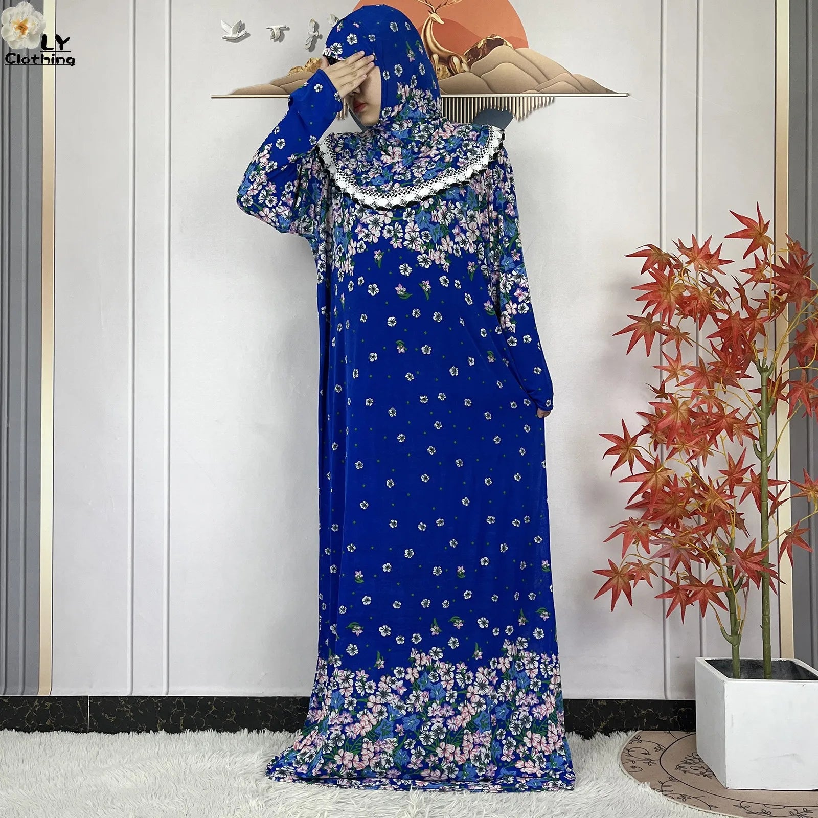 Muslim Ramadan Prayer For Women Long Sleeved Floral 2023Dubai Turkey Middle East Femme Loose Robe African Abayas Headscarf Dress.