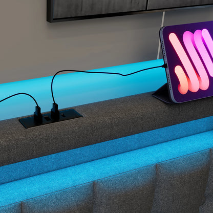 KOMHTOM Polsterbett Einzelbett Jugendbett 90x200 cm Grau - USB Typ C Ladefunktion, LED-Beleuchtung, 2 Schubladen, ohne Matratze