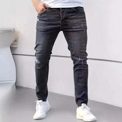 New men's jeans elastic slim fit pants street wear classic ripped cat whiskers casual jeans tight zipper denim clothing black bl.