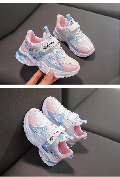 Disney Girls' Casual Shoes Frozen Priness Elsa Sneakers Mesh Leather White Breathable Sole Children's Sport Shoes Size 26-37.