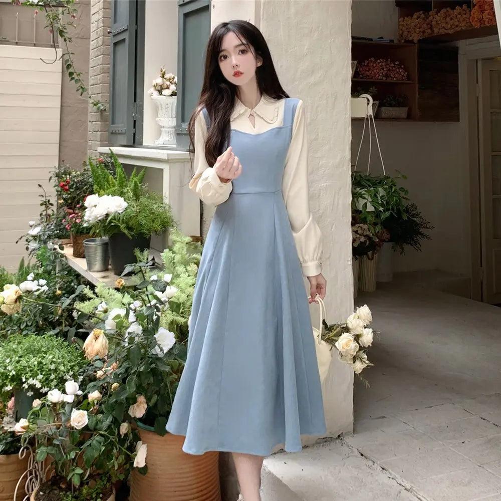 Solide Patchwork Vierkant hals Langarm gefälschte zweiteilige Kleider elegante Mode Harajuku weibliche Kleidung lässig alle Match Rock.