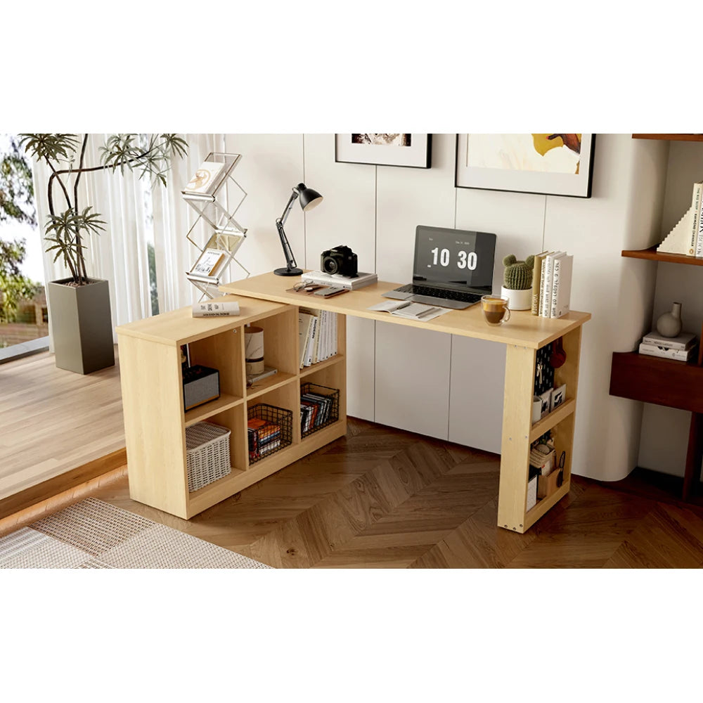 140 x 104 x 75 cm, multifunktionaler Büroschreibtisch, sechsfacher Aufbewahrungsschrank + Regal, super langlebig, austauschbare Form, natürlich