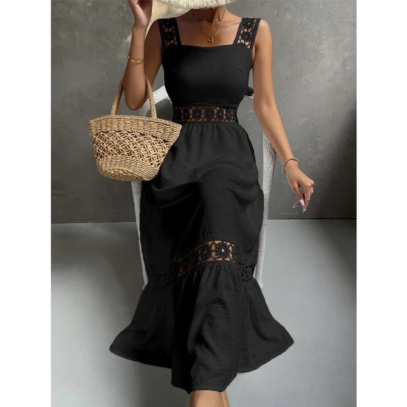 Weiße Lange Kleid Frauen Sommer Sexy Sleeveless Backless Maxi Kleider Damen Elegante Hohle Heraus Spitze Kleid Boho Sommerkleid Vestidos.