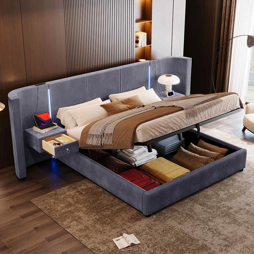 KOMHTOM Polsterbett 180x200cm, Samt mit, LED-Leiste, hydraulischem Stauraum, 2 Schubladen und USB+TYPE-C Anschluss