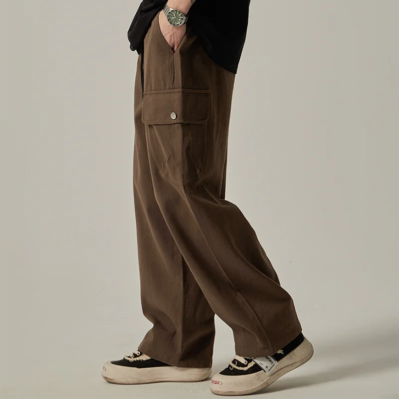 Men's Sweatpants 2025 Spring Autumn Vintage Japanese Wide Leg Straight Loose Button Big Pockets Cargo Pants Drawstring Trousers.