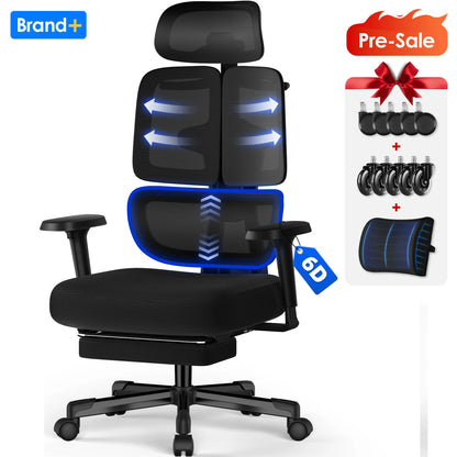 AUTHMIC Premium Ergonomischer Bürostuhl mit 6D-verstellbaren Armlehnen, 3D-Kopfstütze, 3-Zonen-Rückenlehne, 200 kg Tragkraft, Liegestuhl 90 ° -160 °