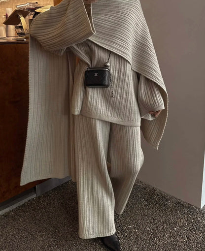 Hirsionsan Soft Elegant Vintage Women Suits 3 Pieces Female Sets O Neck Sweater & Wild Leg Pants with Scarf Knitted TrackSuit.