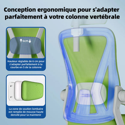 AUTHMIC Ergonomischer Bürostuhl (grün), verstellbare Kopfstütze, Lordosenstütze, drehbarer Schreibtischstuhl mit klappbaren Armlehnen