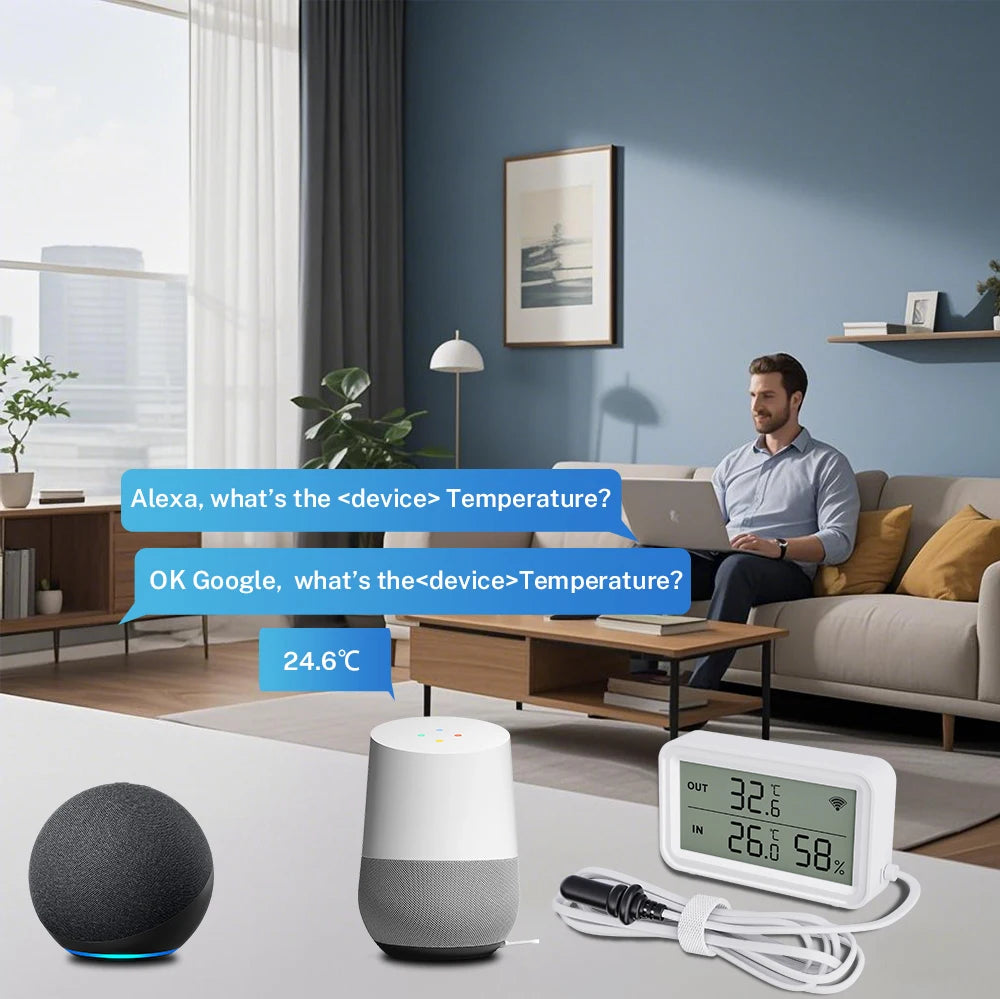 Tuya Wi-Fi Temperature and Humidity Sensor With External Probe Smart Digital LCD Screen Work with Smart Life Google Assistant.