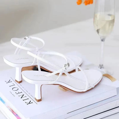 2024 Women's Black Evening Sandals | Genuine Leather Thin High Heels with Adjustable Ankle Strap | Stiletto Formal Wedding Shoes.