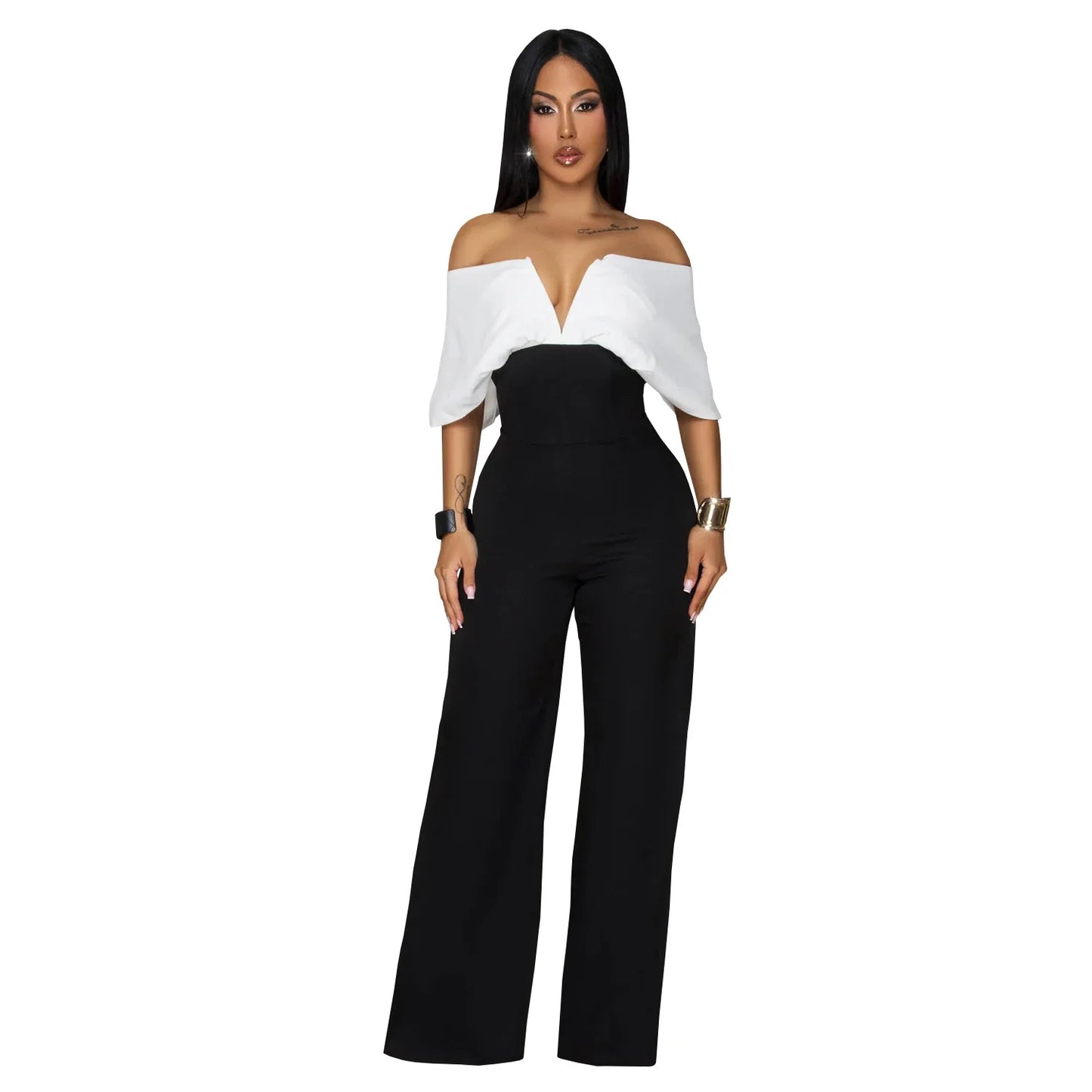 HBLL Women's Off The Shoulder Color-Block Back Zipper Wide Legs Jumpsuits One Piece Outfits Elegant Patchwork Rompers Clubwear