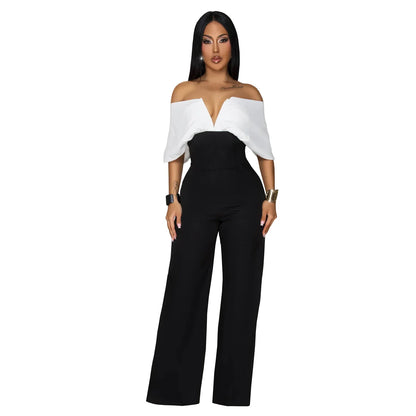 HBLL Women's Off The Shoulder Color-Block Back Zipper Wide Legs Jumpsuits One Piece Outfits Elegant Patchwork Rompers Clubwear