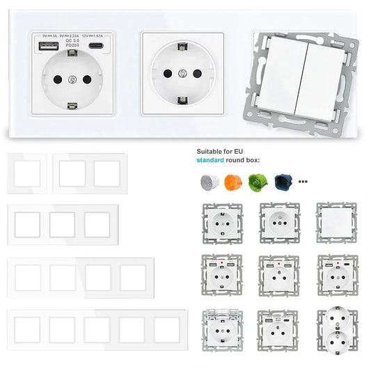 SRAN F6 Serie mehrere Rahmen Weiße Panel aus gehärtetem Glas, EU FR UN-Steckdosen und Schalter Dimmer-Lüfter-Fußlampe Rj45-Modul DIY.