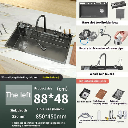 Küchenspüle, Wasserfall-Waschbecken aus Edelstahl, extra großer Einzelschlitz mit Digitalanzeige, Wasserhahn-Set für die Küche