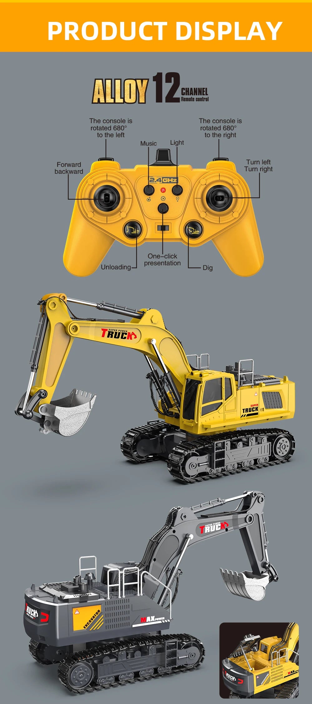 Alloy Rc Excavator Truck Toy Kids Remote Control Engineering Trucks Electric Vehicle Machine Games for Kids Boys Birthday Gifts