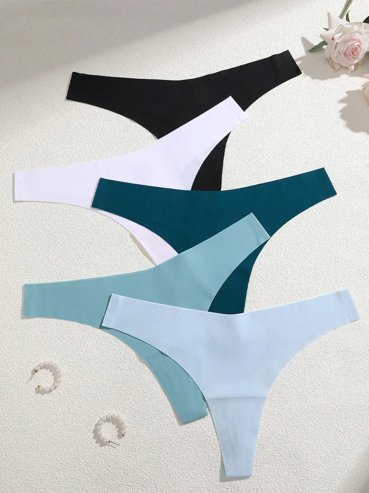 5Pcs Ice Silk Seamless Thongs Women's V-Waist Solid Color Panties Sexy Breathable Low Rise Underwear Invisible Bikini Lingerie.