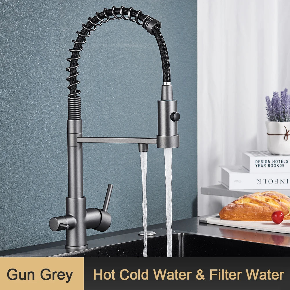 Filter Kitchen Faucet 2 In 1 Pull Down 360° Flexible Drinking Pure Water Purification Faucets Brass Hot Cold Water Mixer Tap