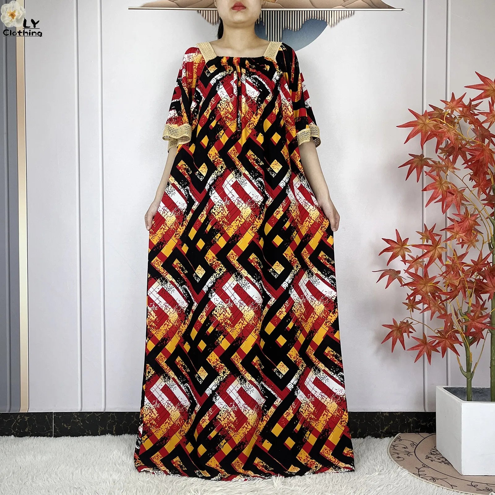 New Muslim Dress Woman Short Sleeve Dashiki African Abaya Tie-dyed Printing Cotton Loose Femme Robe Islamic Dresses With Scarf.