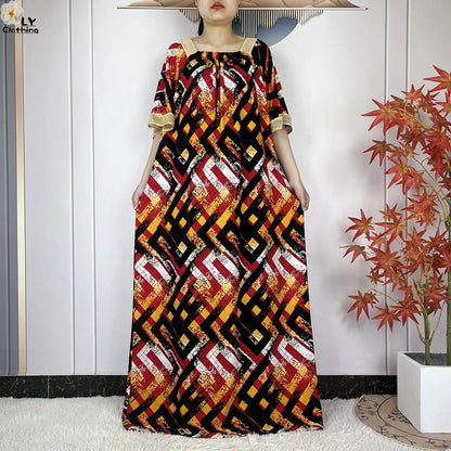 New Muslim Dress Woman Short Sleeve Dashiki African Abaya Tie-dyed Printing Cotton Loose Femme Robe Islamic Dresses With Scarf.