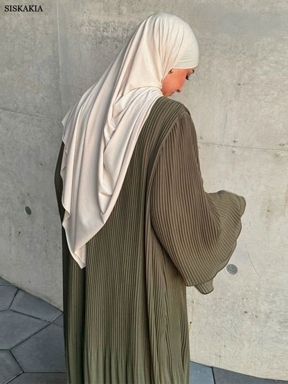 Siskakia Ramadan-Muslim Solid Wrinkle Dresses For Women's Dubai  Moroccan Petal Sleeve Abayas O-Neck Elegant Kebaya 2024.