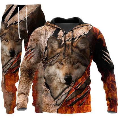 Wolf 3d Printed Hoodie Pants Suit Male Autumn and Winter Casual Sweashirt Pullover Men Tracksuit Set Fashion Men's Clothing Suit.