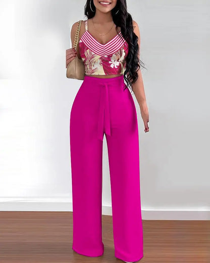 Women Fashion Print Halter V-Neck Short Tank Suit Tops Long Pants Matching Set Summer Casual Female Slim Pants Two Piece Sets