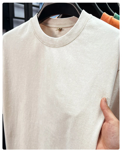 Personality washed vintage short sleeve T-shirt high-end 100% pure cotton men fashion round neck comfort lightweight casual top