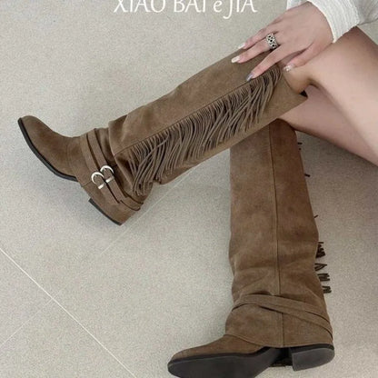 Suede Tall Boots Fall New Pointed Toe Belt Buckle Tassel Soft Sole Non-Slip Block Heel Boots.
