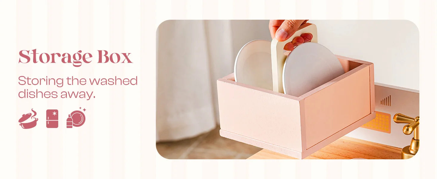 Robotime Robud Kids Corner Kitchen Playset Wooden Play Kitchen Set with Realistic Sound Pretend Play Gift for Boys Girls Pink.