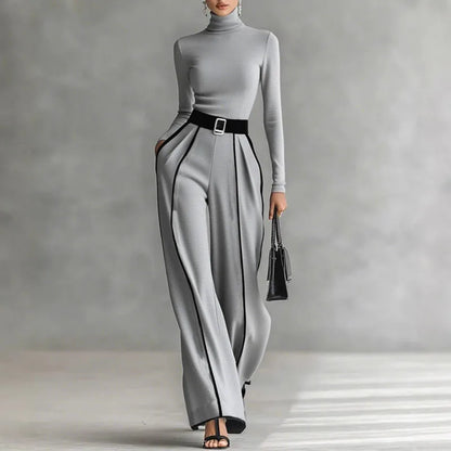 Retro Turtleneck Bottoming Shirt Top+Wide-leg Trousers Suit Woman Elegant Contrast Color 2 Piece Sets Long Sleeve Autumn Outfits.