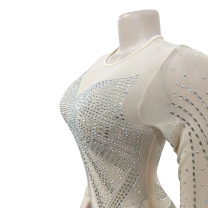 XIZOU Frauen Mesh Patchwork Diamanten Heißer Strass Bodenlangen Bodycon Meerjungfrau Maxi Kleid Sexy Party Abend Vestidos 2024