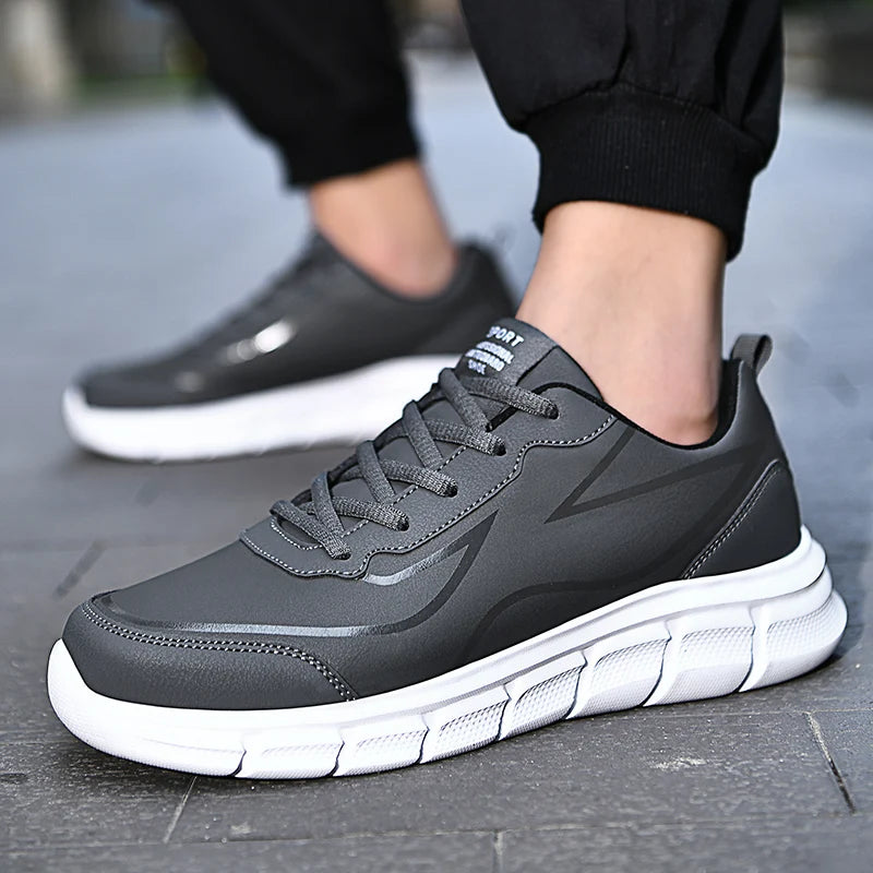 YRZL Black Running Shoes Leather Waterproof Athletic Sneakers Men Wear-resistant Men Walking Sport Shoes Comfortable Men Shoes.