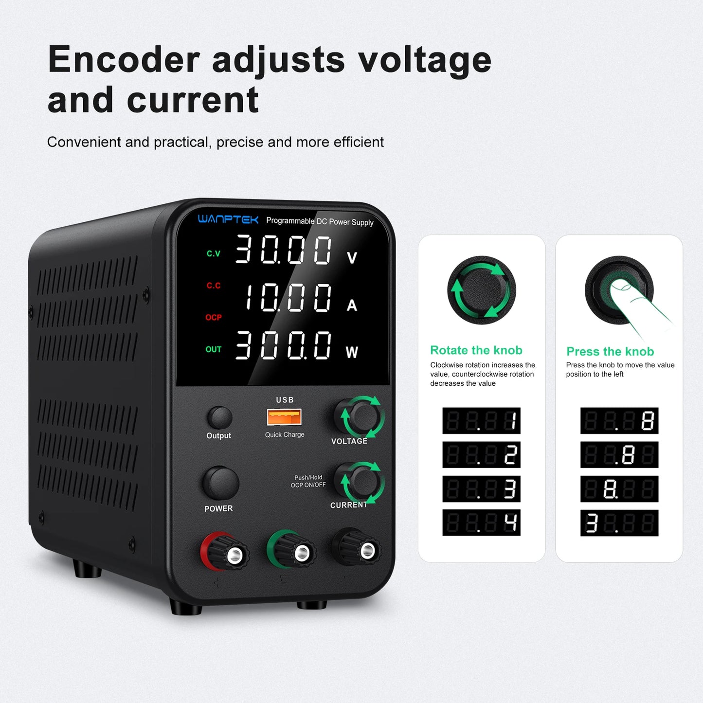 Wanptek Laboratory Power Supply 30V 5A 30V 10A 60V 5A 120V 3A Adjustable with USB fast Charging Bench DC Power Supply.