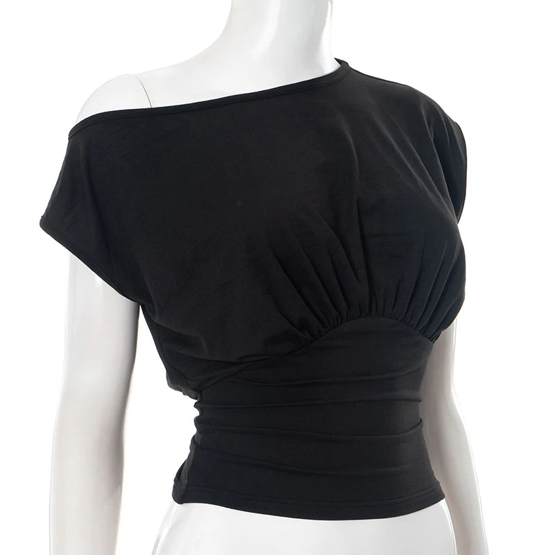 CUTENOVA Solid Color One Shoulder Slant Neck Waist Shrinking Pleated Tank Top Women'S Summer New Casual Simple Fashion Tank Top.