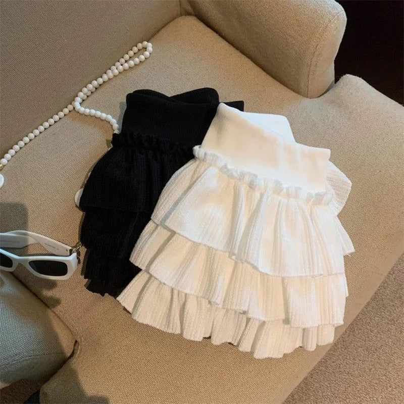 Sweet Puffy Cake Women Skirts Korean Fashion Ruched Ruffle Mini Skirt Campus Harajuku Casual Versatile Elastic Waist Solid Skirt.