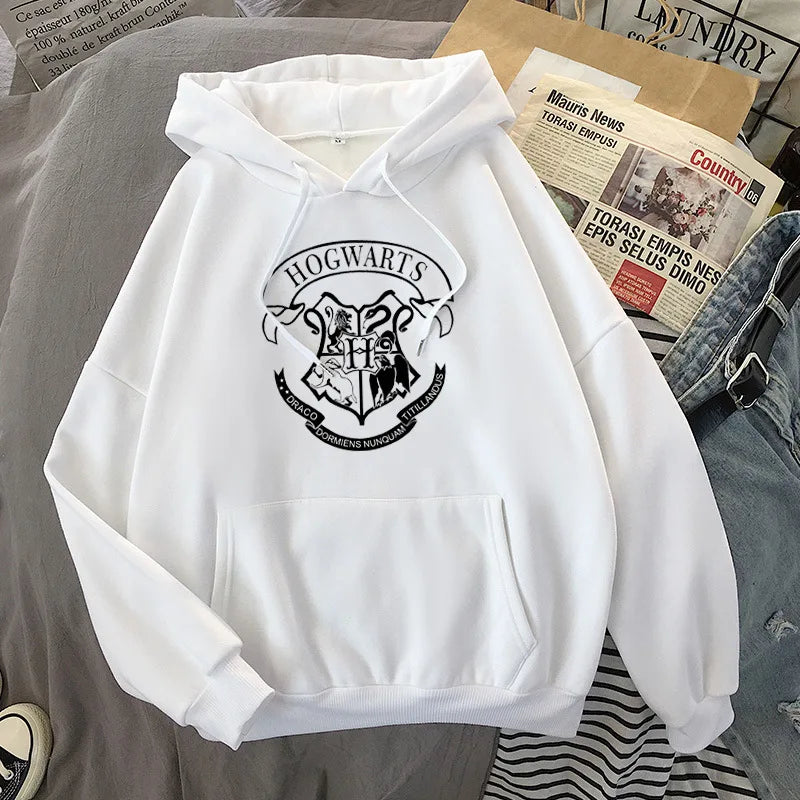 Fashion y2k Hogwarts Printed Hoodies Women Sweatshirt Autumn Winter Long Sleeves Plus Velvet Casual Loose Fleece Tops Oversized.