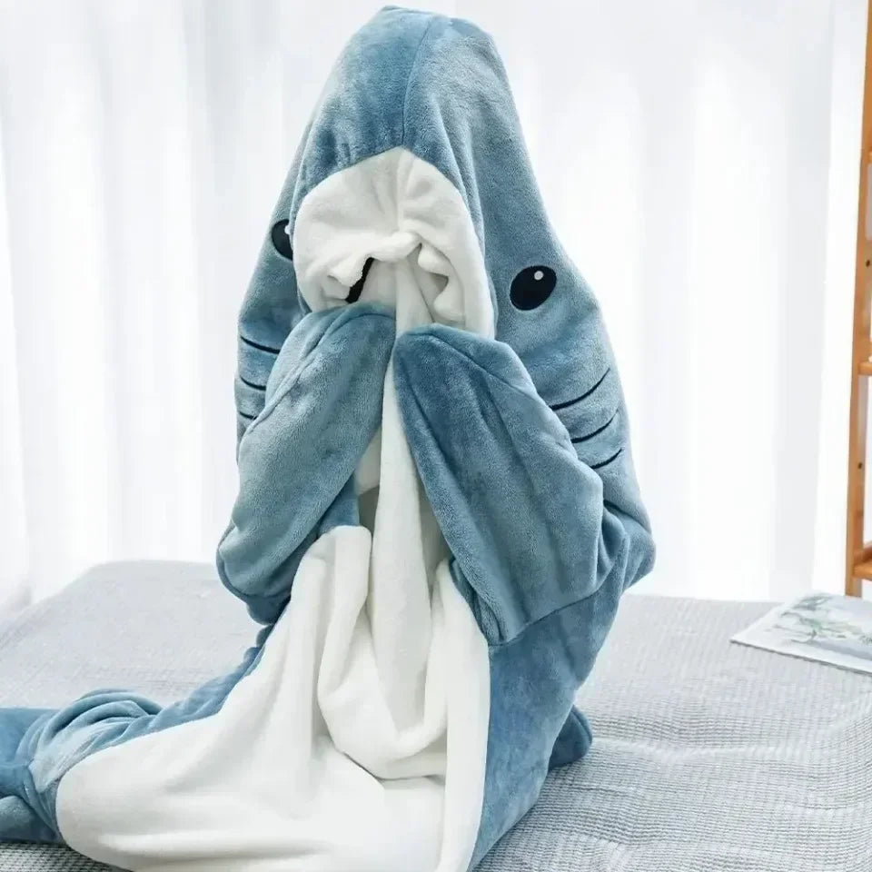 Shark Cartoon Sleeping Bag Adult Pajama Hooded Warm Flannel Blanket Funny Homewear Super Soft Onesie Sleeping Bag Winter Warm.