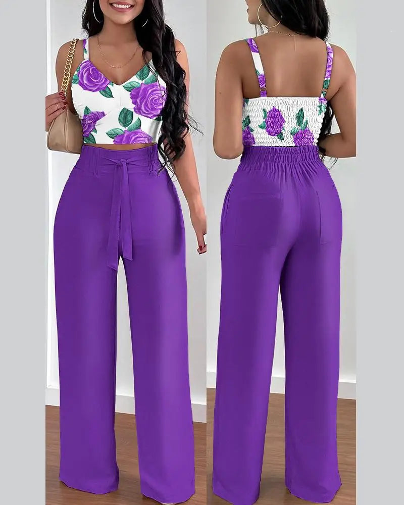 Women Fashion Print Halter V-Neck Short Tank Suit Tops Long Pants Matching Set Summer Casual Female Slim Pants Two Piece Sets