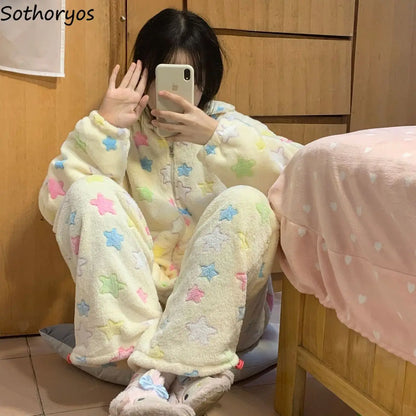 Y2k Star Printed Pajama Sets Women Winter Coral Velvet Soft Warm Loose Gentle Girlish Kawaii Student Dormitory Sleepwear Comfort.