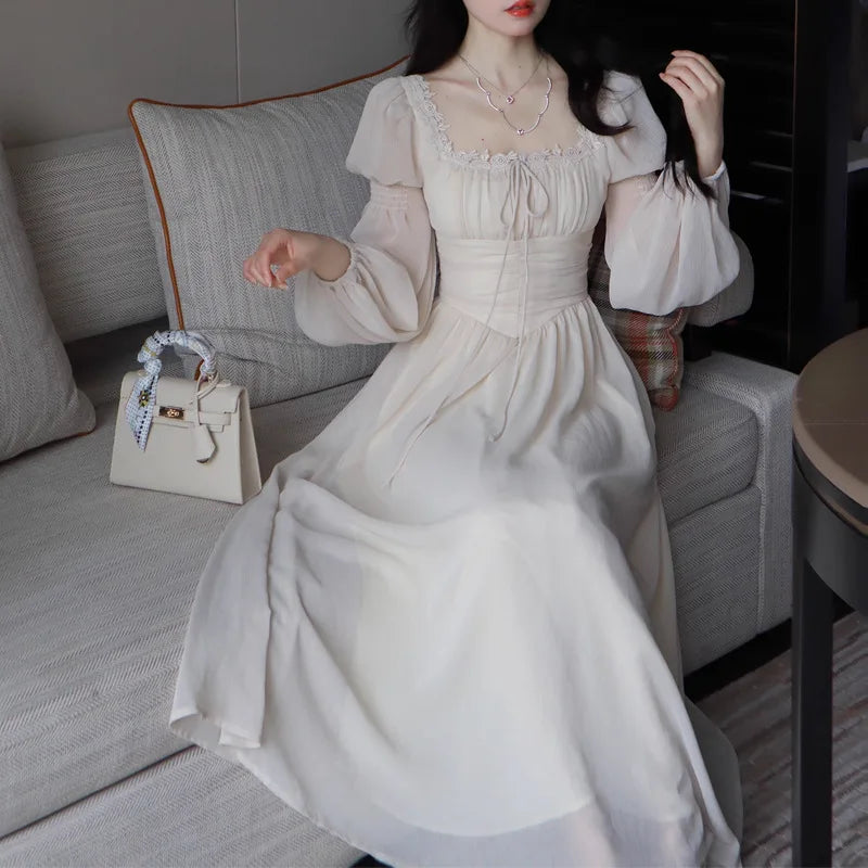 2024 Französisch elegante Prinzessin Abend party Midi Kleider für Frauen A-Linie schlanke Bandage Langarm Vestidos koreanische Frühlings kleidung.