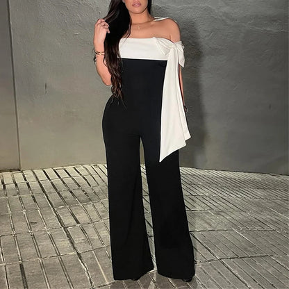 Jumpsuits Spring Summer Fashion Elegant Bowknot Contrast Color Off Shoulder Strapless Full Length Jumpsuits For Women.
