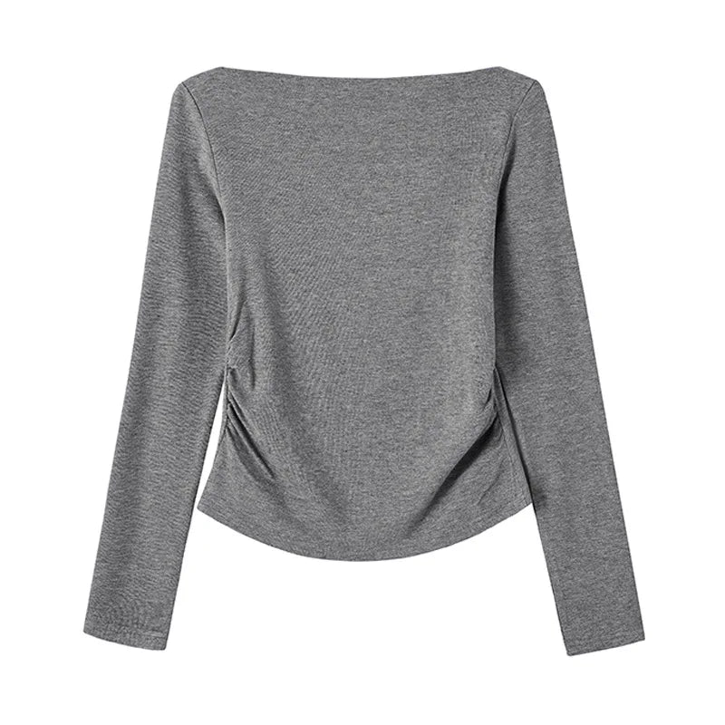 One Shoulder Gathered Waist Long Sleeve T-Shirt Women's Autumn Sexy Top.