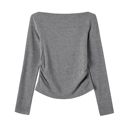 One Shoulder Gathered Waist Long Sleeve T-Shirt Women's Autumn Sexy Top.