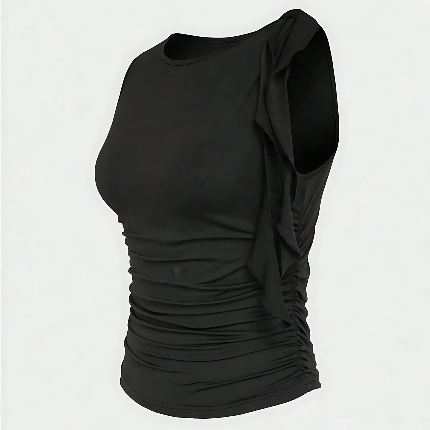 Slim Fit Basic Style Sleeveless round Neck Wrap Single Shoulder Vest Summer Waist Pleated Design Sexy Collarless Tank Top.