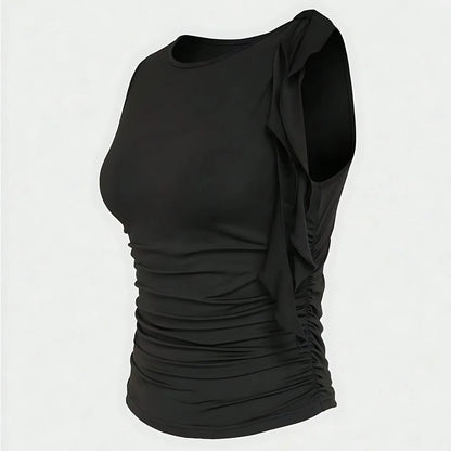 Slim Fit Basic Style Sleeveless round Neck Wrap Single Shoulder Vest Summer Waist Pleated Design Sexy Collarless Tank Top.