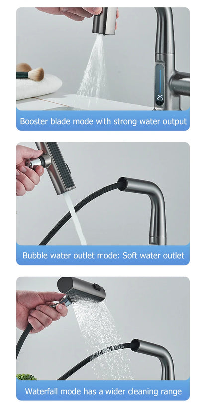 Waterfall Temperature Digital Display Basin Faucet Lift Up Down Stream Sprayer Hot Cold Water Sink Mixer Wash Tap For Bathroom