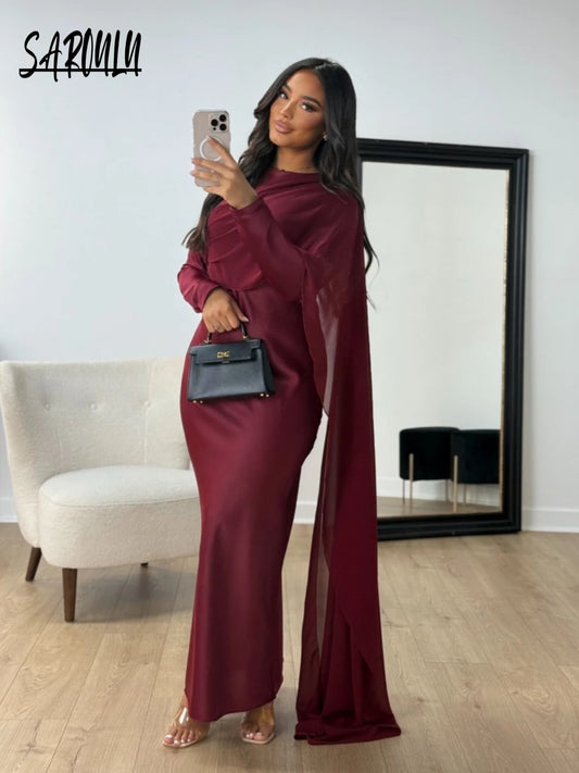 Burgundy Abaya Women Satin Modest Evening Dress Simple Hot Sale Cocktail Gown With Side Cape Elegant Arabic Long Sleeves Robe.
