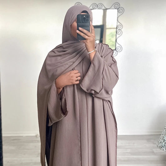 Three Piece Abaya Set With Hijab Free Belt Jazz Crepe Kimono Sleeveless Under Dress EID Ramadan Muslim Women Islamic Clothing.