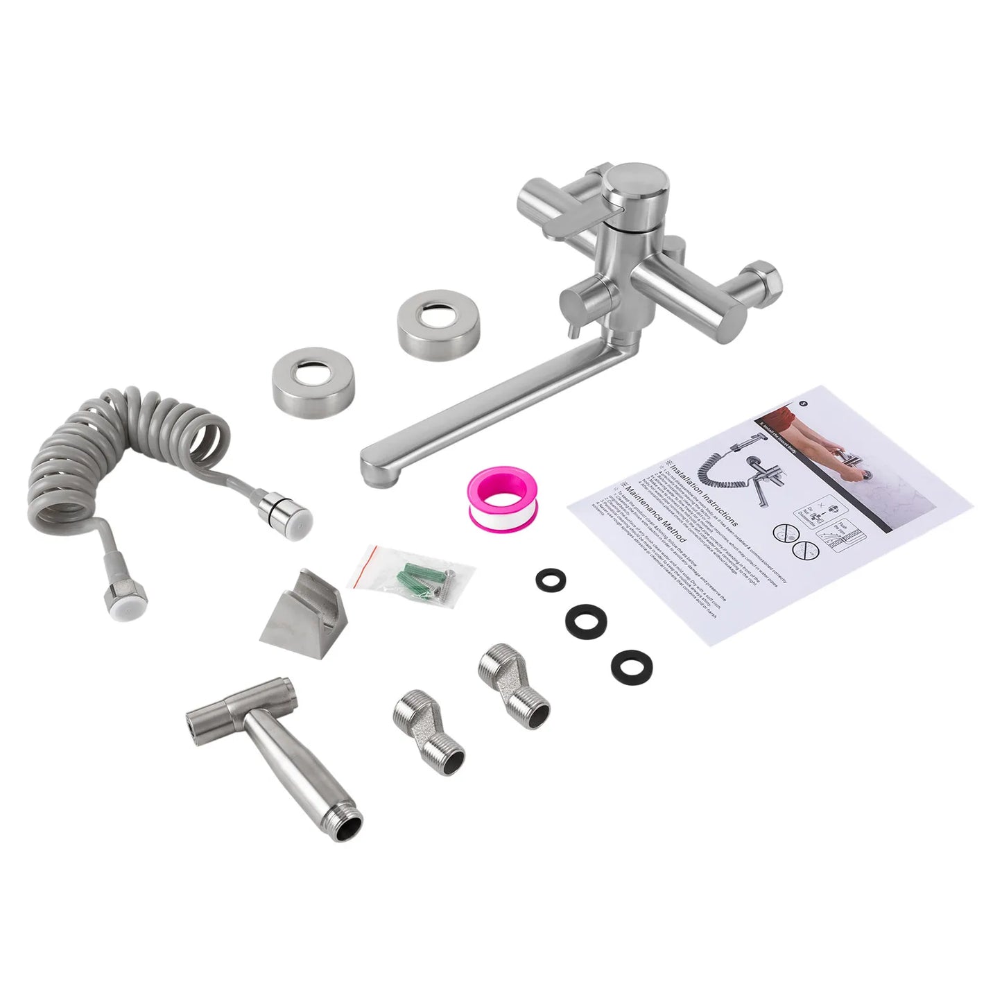 Wall-Mounted Kitchen Mixer Tap with Sprayer, 360° Swivel Stainless Steel Spout & Anti-Leak Design for Sink/Laundry, Black/Silver